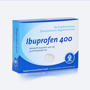 Packung von Ibuprofen-Medikament mit 400-mg-Tabletten